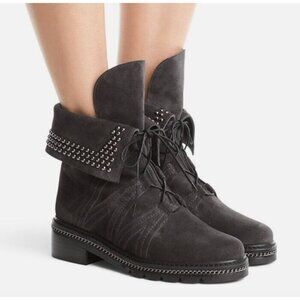 Stuart Weitzman Yadastud Grey Suede Chain-Link Fold Down Studded Ankle Boots 6